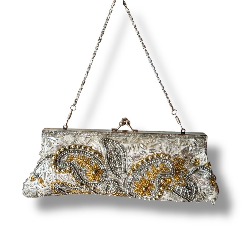 Vintage 1950s Beaded Evening Bag Kiss Lock Clutch Silver Gold Cocktail Purse